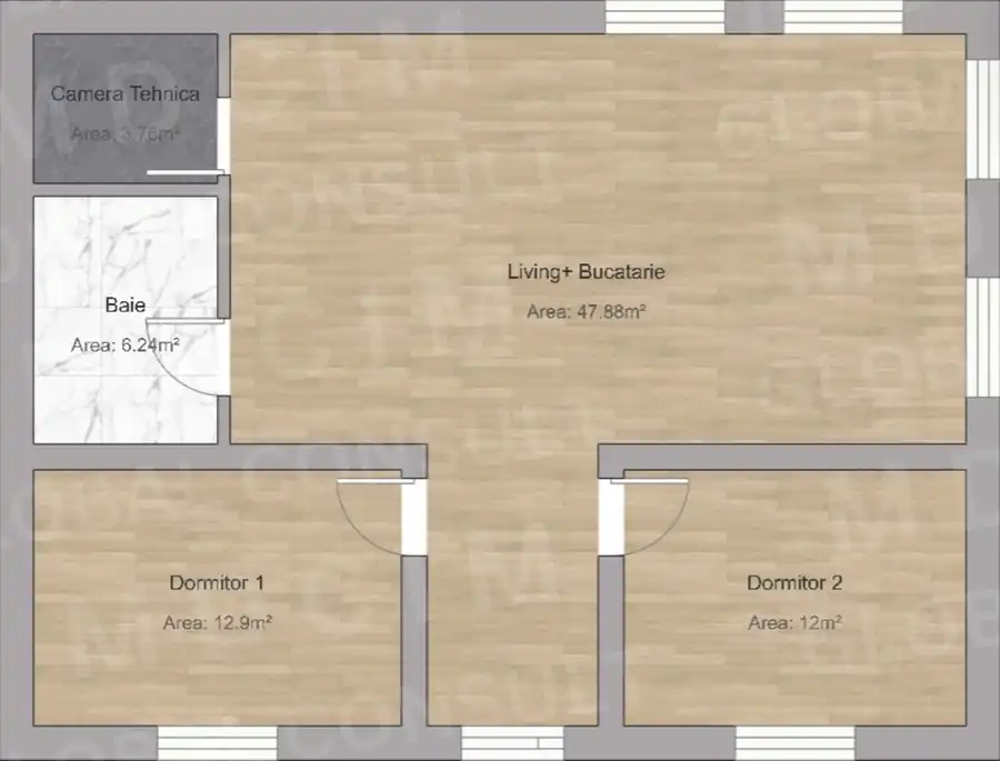 Plan parter structura – casa fara etaj 82 mp, zidarie confinata